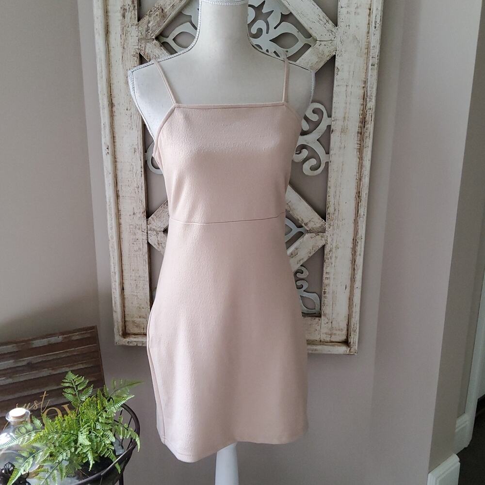 BP Nordstrom Beige Criss Cross Back Spaghetti Strap Mini Dress Jr M NWT